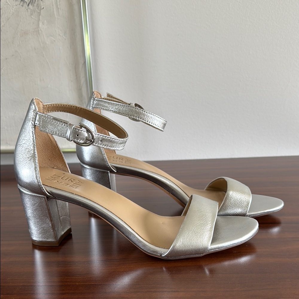 Naturalizer Silver Leather Vera Block Heel Sandals with Ankle Strap 8